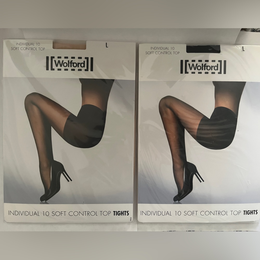2 New Wolford Individual 10 Soft Control Top Tights | Large | Powder & Black